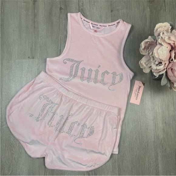 Juicy Couture Other - JUICY VELOUR BIG BLING RHINESTONE LOGO TANK TOP & SHORTS LOUNGE SET COCOA KISS L